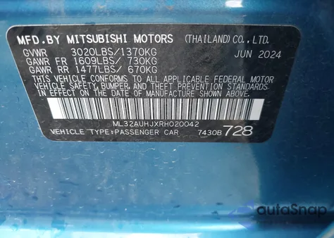 2024 Mitsubishi Mirage Es/Le z USA, uszkodzony, nr VIN ML32AUHJXRH020042